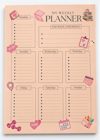 Peach A4 Weekly Planner Notepad – 40 Sheets | Weekly Priorities & Daily To-Do List