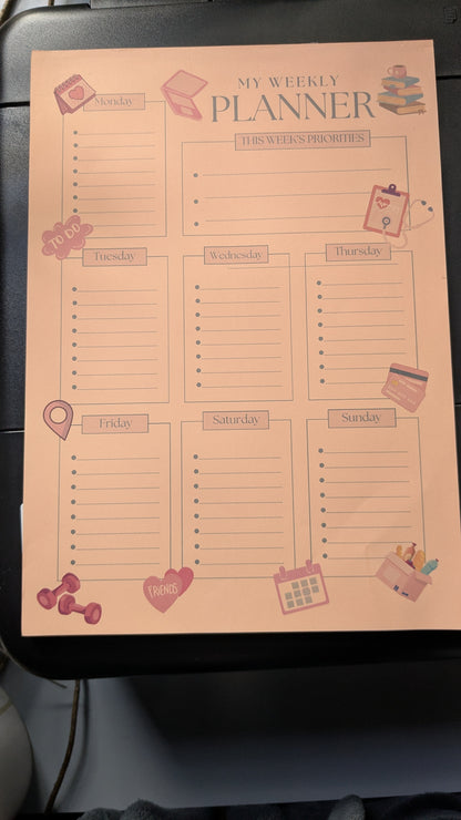 Peach A4 Weekly Planner Notepad – 40 Sheets | Weekly Priorities & Daily To-Do List